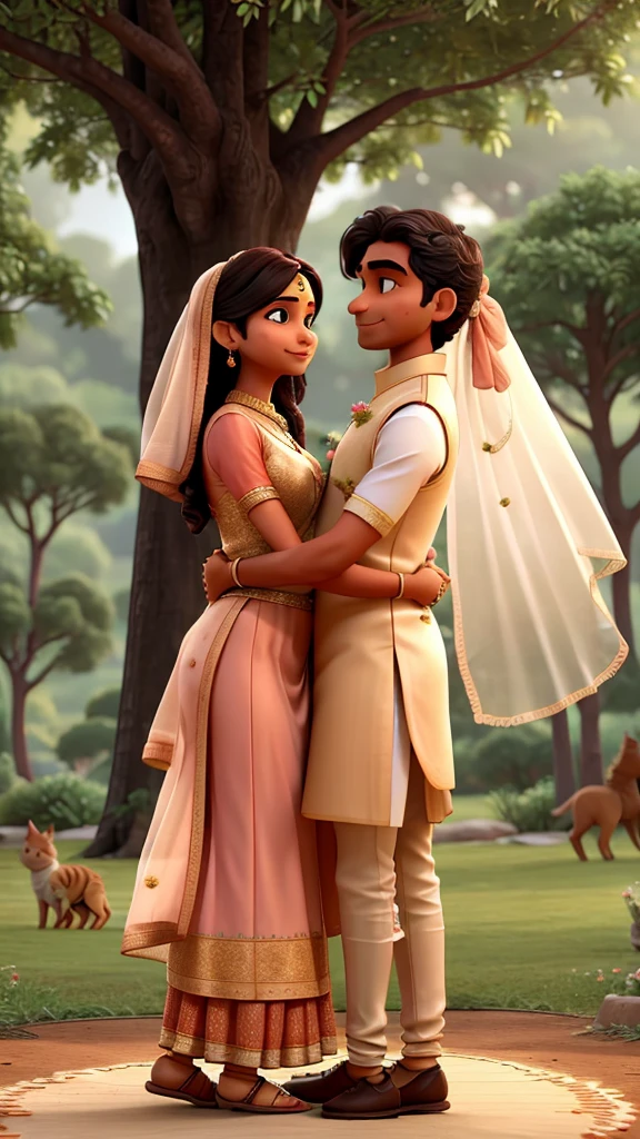 An indian man and woman hugging during thier outdoor wedding. The woman wears a peach dress and the man wears traditional indian wedding clothing. there are 3 cats, one brown and white, one grey, and one black which are playing. They are surrounded by trees and beautiful greenery.