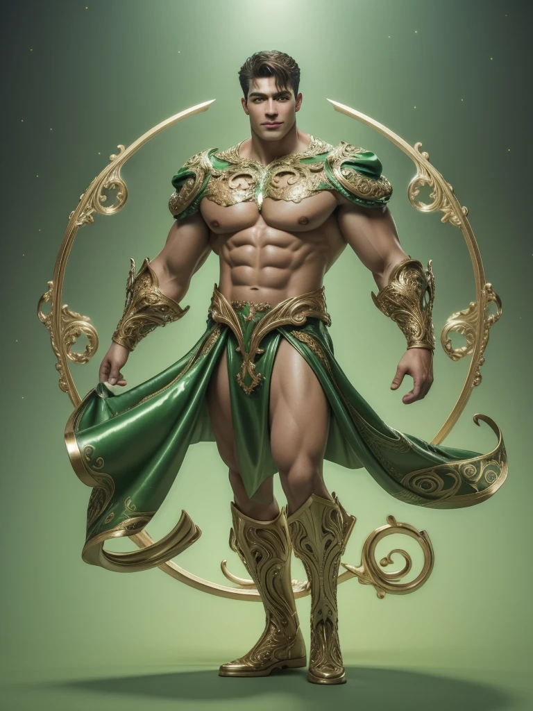 Quarter body 3D image of a strong and handsome hunky Astro, surrealistic face and eyes, wearing green and bronze swirls and twirls filigree shiny latex spandex, hands holding a shining jewel, the hero face is depicted extremely clearly in every detail, studio is the background , masterpiece, full hd, best resolution, taken by Canon super marco lens, artistic masterpiece, UHD, 8K."