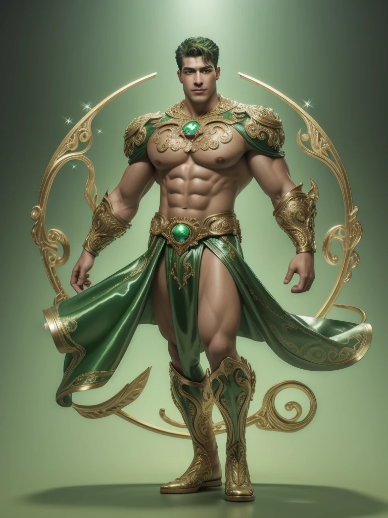 Quarter body 3D image of a strong and handsome hunky Astro, surrealistic face and eyes, wearing green and bronze swirls and twirls filigree shiny latex spandex, hands holding a shining jewel, the hero face is depicted extremely clearly in every detail, studio is the background , masterpiece, full hd, best resolution, taken by Canon super marco lens, artistic masterpiece, UHD, 8K."