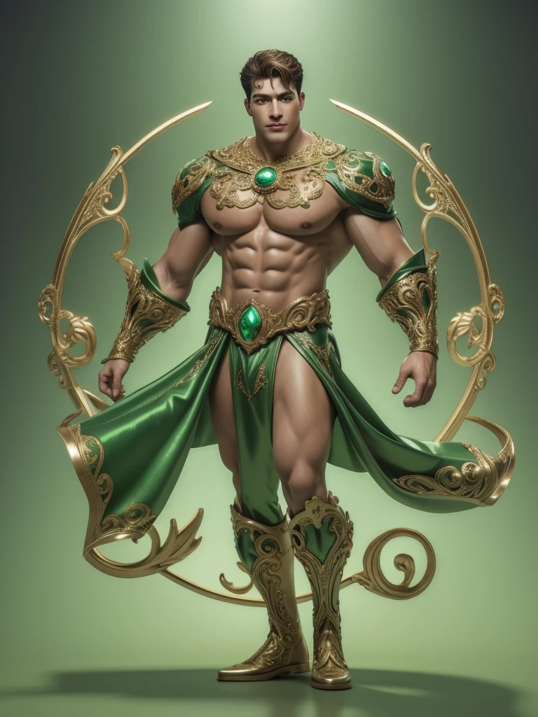Quarter body 3D image of a strong and handsome hunky Astro, surrealistic face and eyes, wearing green and bronze swirls and twirls filigree shiny latex spandex, hands holding a shining jewel, the hero face is depicted extremely clearly in every detail, studio is the background , masterpiece, full hd, best resolution, taken by Canon super marco lens, artistic masterpiece, UHD, 8K."