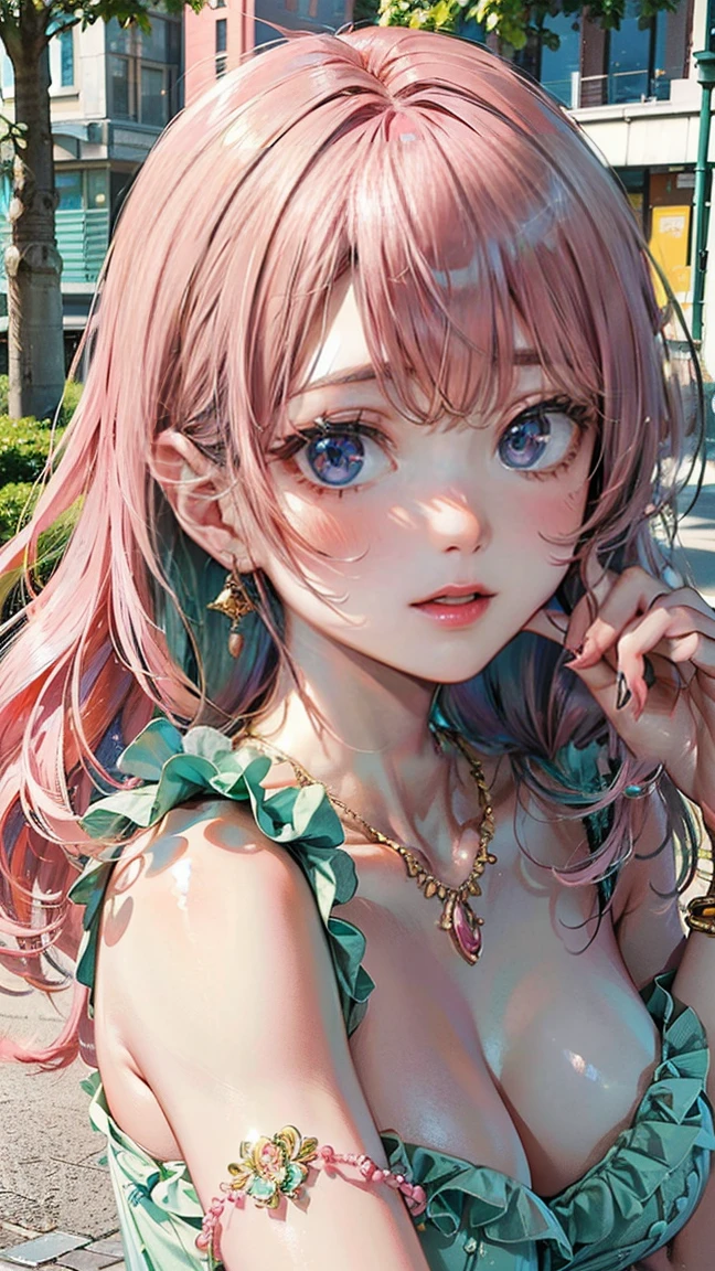 (Masterpiece, BestQuality:1.3), (ultra detailed:1.2), (hyperrealistic:1.3), (RAW photo:1.2), High detail RAW color photo, professional photograph, (Photorealistic:1.4), (realistic:1.4), professional lighting, perfect anatomy, (Big Breasts:1.2), (blush, detailed face), (cheerful Smile:1.5), (Pink Hair:1.5), Trending Hair&Trending Hairカラーをランダムに, earrings, necklace, bracelet, sexly, erotic sexly, Random sexy gravure poses, (A beautiful woman wearing a mint green frilly dress、Smiling while blowing bubbles in a city park。Beaded anklets glittering on your ankles。: 1.3)