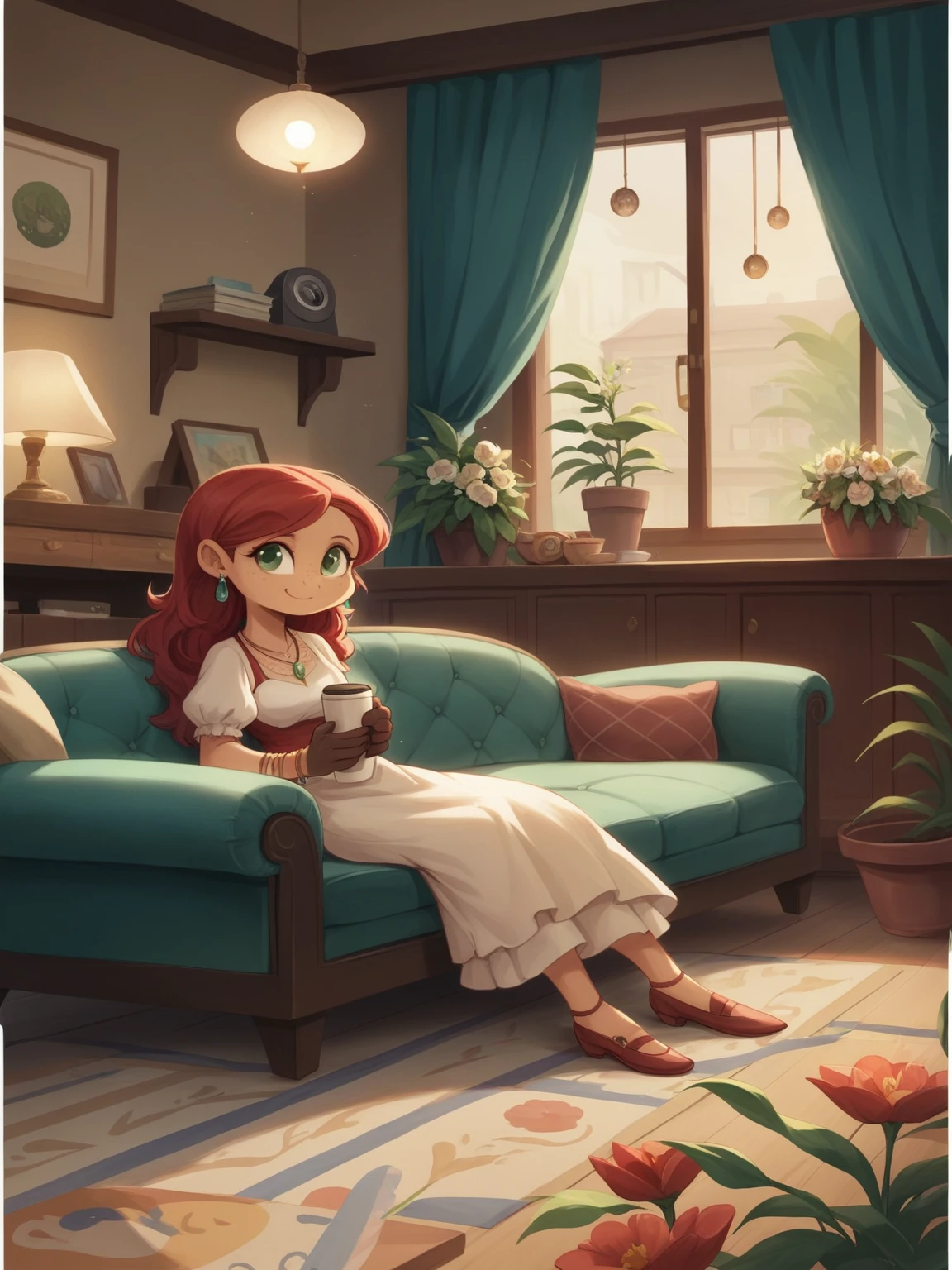 Concept Art,character illustration of a,European and American cartoons,(whole body:1.5),Mid-Long View,carpet,(Looking at the camera),shoe,一个20岁的金发女生happy的sit在living room,Holding a cup of coffee,happy,A laid-back expression,Relax,Leisure,European and American cartoons,1 Girl,freckle,Solitary,Jewelry,Green Eyes,Weaving,earrings,twin Weavings,necklace,Looking at the audience,Red hair,plant,Puff sleeves,bracelet,Smile,Long hair,puffy short sleeve,Necklace,dress,flower,Coffee cup,Gloves,earrings,Jewelry,肘部Gloves,cup,sit,sofa,window,sofa,living room,solo,Looking at the camera,Look at the audience,