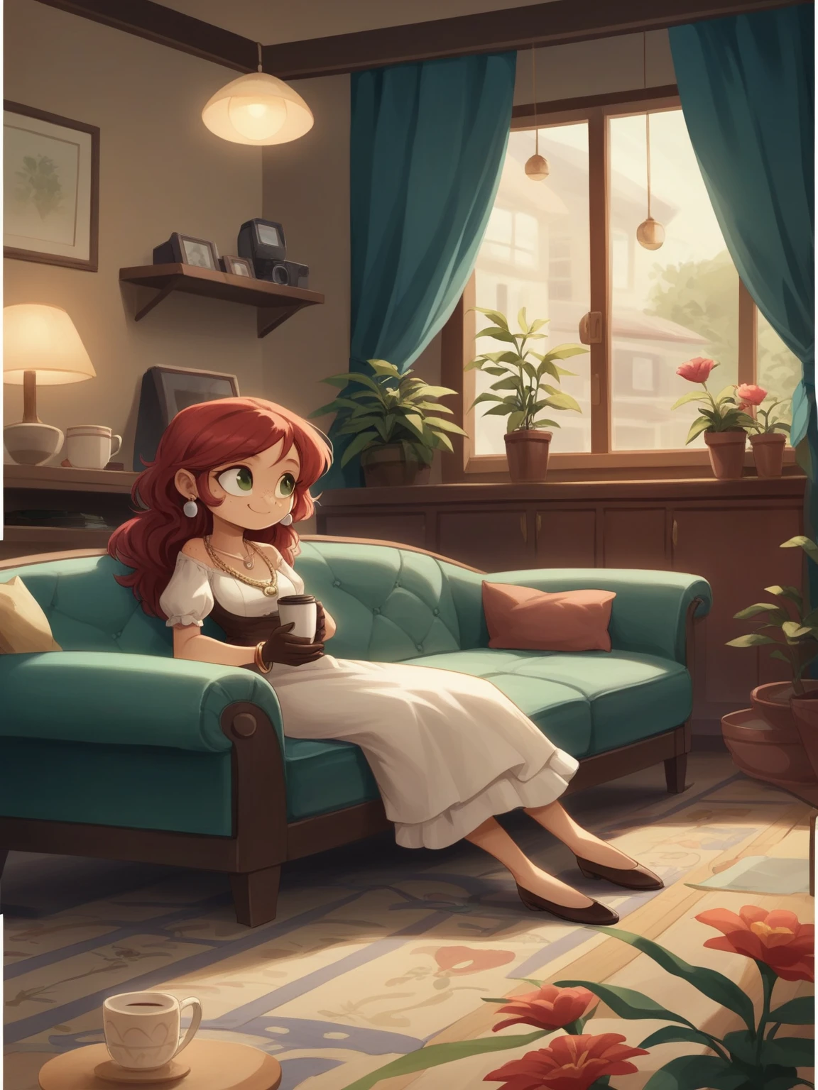 Concept Art,character illustration of a,European and American cartoons,(whole body:1.5),Mid-Long View,carpet,(Looking at the camera),shoe,一个20岁的金发女生happy的sit在living room,Holding a cup of coffee,happy,A laid-back expression,Relax,Leisure,European and American cartoons,1 Girl,freckle,Solitary,Jewelry,Green Eyes,Weaving,earrings,twin Weavings,necklace,Looking at the audience,Red hair,plant,Puff sleeves,bracelet,Smile,Long hair,puffy short sleeve,Necklace,dress,flower,Coffee cup,Gloves,earrings,Jewelry,肘部Gloves,cup,sit,sofa,window,sofa,living room,solo,Looking at the camera,Look at the audience,