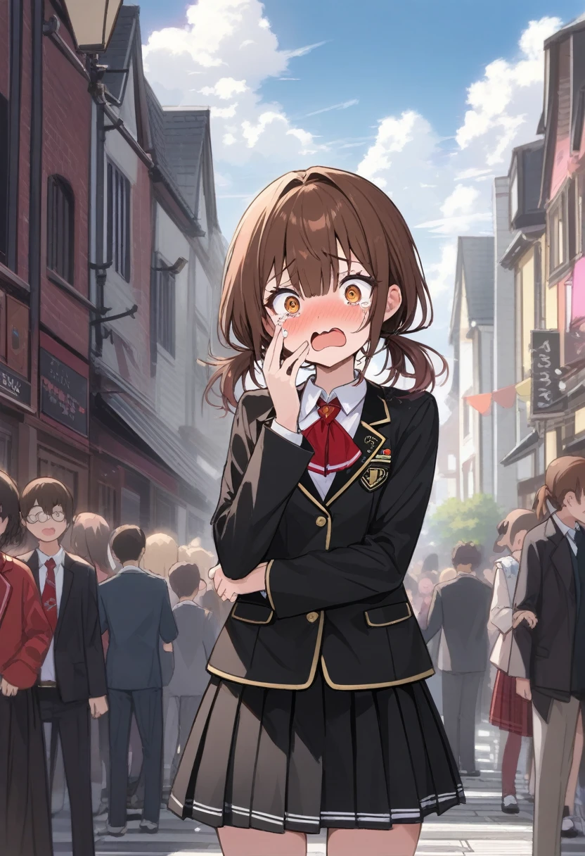 Are standing, Houshou_marine with brOwn hair and Hazel eye, Artist, Sold, Copyright, Idol Master, Idol Master_Shiny_color, character, general, 1girl, brOwn_hair, Moderate_chest, chest, lupong side_前hair, puponytail, detailed eyelashes, beautiful girl:1, Hazel_eye, Censored, ((cloud, detailed background)), School_uniform, black skirt, black blazer, black_sleeve, pleined skirt:1.2, blazer, Red tie, detailed, Outdoor, Looking_in_Audience, masterpiece, Highest_quality, grein_quality, girl, 一人in, center_compositiupon, centered character, cute, tears, Are crying, sad, upper_teeth_uponly, surprised, hand_upon_Own_face, ピンクcolorのhairの毛、ピンクcolorのhairの毛、ピンクcolorのhairの毛、ピンクcolorのhairの毛、ピンクcolorのhairの毛、ピンクcolorのhairの毛、ピンクcolorのhairの毛、ピンクcolorのhairの毛、ピンクcolorのhairの毛、ピンクcolorのhairの毛、ピンクcolorのhairの毛、
