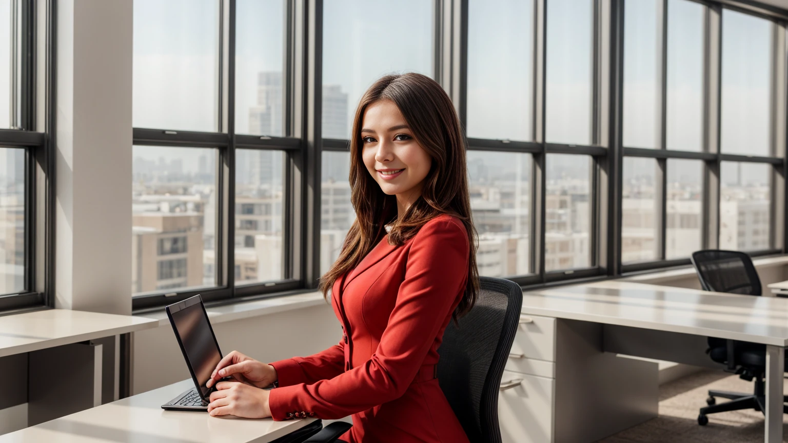 a beautiful girl in a professional office setting, black hair, looking at viewer, elegant red business attire, (red business dress), gentle expression, full smile, professional and efficient, warm lighting, photorealistic, highly detailed, cinematic composition, dramatic lighting, color grading, Rembrandt lighting