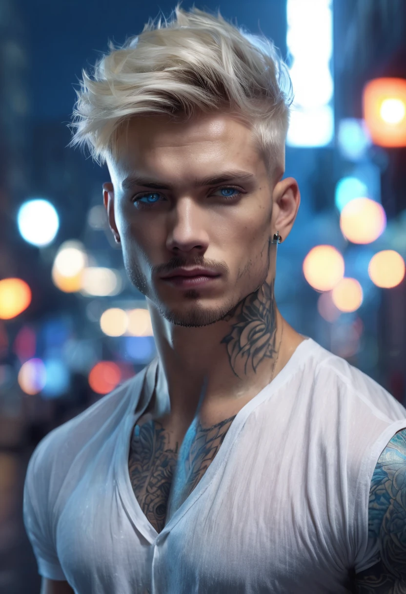 1 man, inside the city at night with lights, wearing white shirt, detailed facial features, beautiful blue and masculine eyes, detailed light skin, short blonde hair, strong expression, tattoos on the body, dramatic lighting, cinematic composition, cold color palette , atmospheric fog, thin chin, handsome face, handsome man with delicate face (best quality, 4K, 8K, high resolution, art: 1.2), ultra-detailed, (realistic, photorealistic, photorealistic: 1.37)