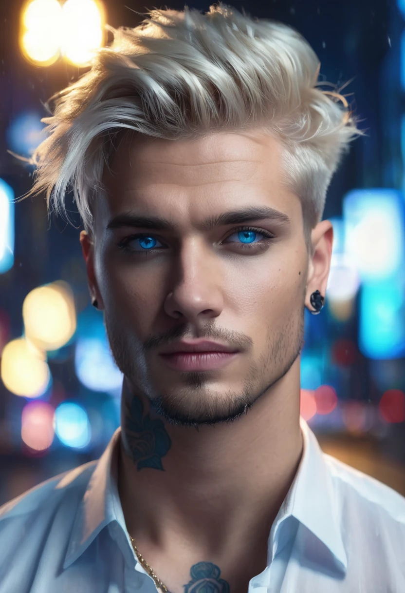 1 man, inside the city at night with lights, wearing white shirt, detailed facial features, beautiful blue and masculine eyes, detailed light skin, short blonde hair, strong expression, tattoos on the body, dramatic lighting, cinematic composition, cold color palette , atmospheric fog, thin chin, handsome face, handsome man with delicate face (best quality, 4K, 8K, high resolution, art: 1.2), ultra-detailed, (realistic, photorealistic, photorealistic: 1.37)