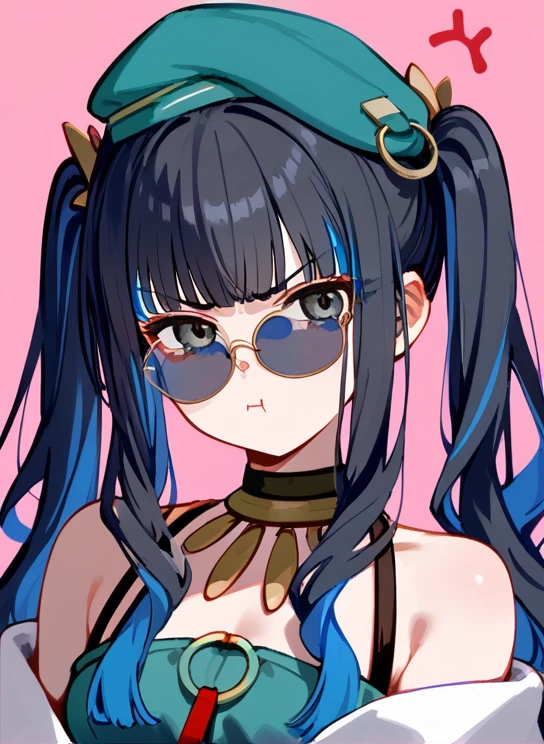 1girl, long hair, (twintails), portrait, multicolored hair, black hair, sidelocks, blue hair, wavy hair, eyeliner, jewelry, beret, o-ring, neck ring, buttons, round sunglasses, bracelet, bare shoulders, green jacket,  off shoulder, zipper, annoyed, tsundere, pink background, hearts, masterpiece, score_9, score_8_up, score_7_up