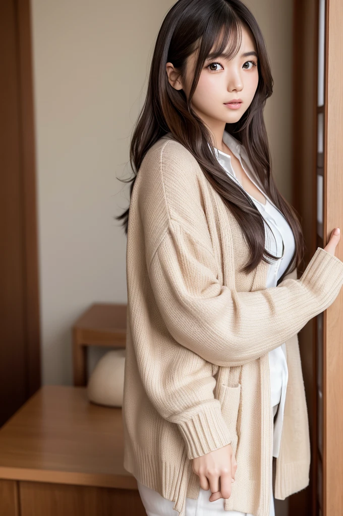 Graceful young Japanese woman wearing Blouse and cardigan of Japanese ,nogizaka46,fat, body positive, 36B, high resolution. The attire subtly accentuates a full figure akin to Jennifer Lopez or Kate Upton,showcasing confidence and charm. Minimal yet tasteful skin exposure, highlighting poise and allure --s 750 --v 6.0