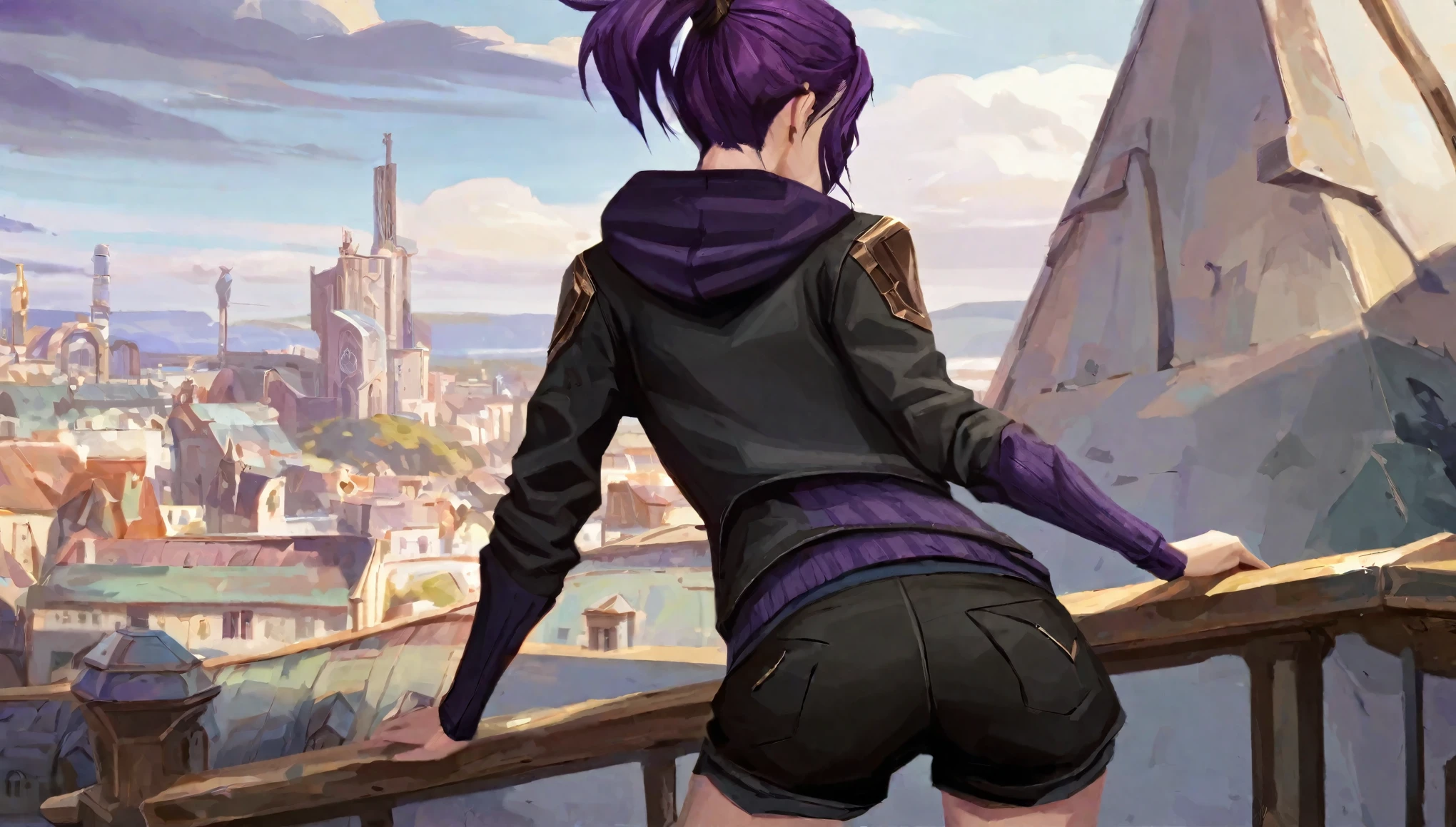 score_9, score_8_up, score_7_up, score_6_up, score_5_up, score_4_up, BREAK Arcane, solo, best aesthetic, league of legends, thin, pale skin, skinny, low ponytail, purple hair, back angle, purple hoodie, thick thighs, black shorts, tight clothing, highly detailed city background, purple clothes with black highlights,
