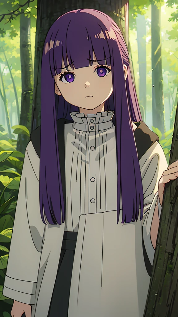 1girl,fern,fern_clothes,angry,puffed cheeks,closed_mouth,forest,looking at viewer,upper_body