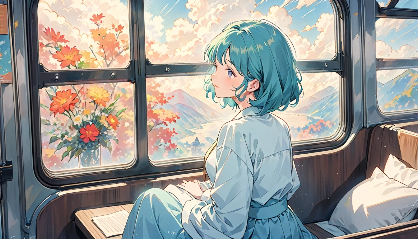 Image of a woman in her 50s sitting on a train and looking out the window, praise girl, praise artstyle, praise girl aesthetic, praise art, praise vibes, praise feel, praise colors, praise vibe, praise aesthetic, praise, Lo-Fi, Lo-Fiアート, 80年代のAnime atmosphere, Anime atmosphere