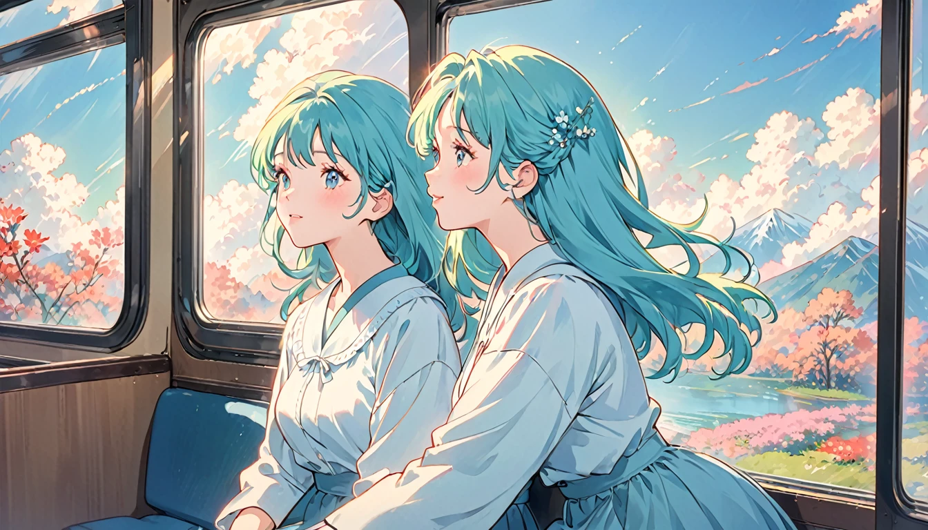 Image of a woman in her 50s sitting on a train and looking out the window, praise girl, praise artstyle, praise girl aesthetic, praise art, praise vibes, praise feel, praise colors, praise vibe, praise aesthetic, praise, Lo-Fi, Lo-Fiアート, 80年代のAnime atmosphere, Anime atmosphere