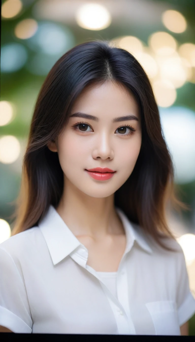 Close-up photo of a beautiful Thai woman, Bust size 34 inches, straight hair, front view, Wear a white shirt., bokeh background, Polaroid Photos, UHD
