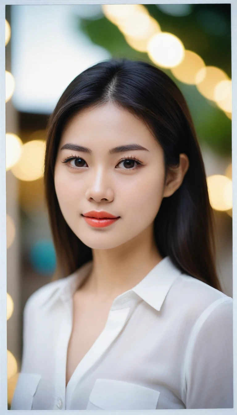 Close-up photo of a beautiful Thai woman, Bust size 34 inches, straight hair, front view, Wear a white shirt., bokeh background, Polaroid Photos, UHD