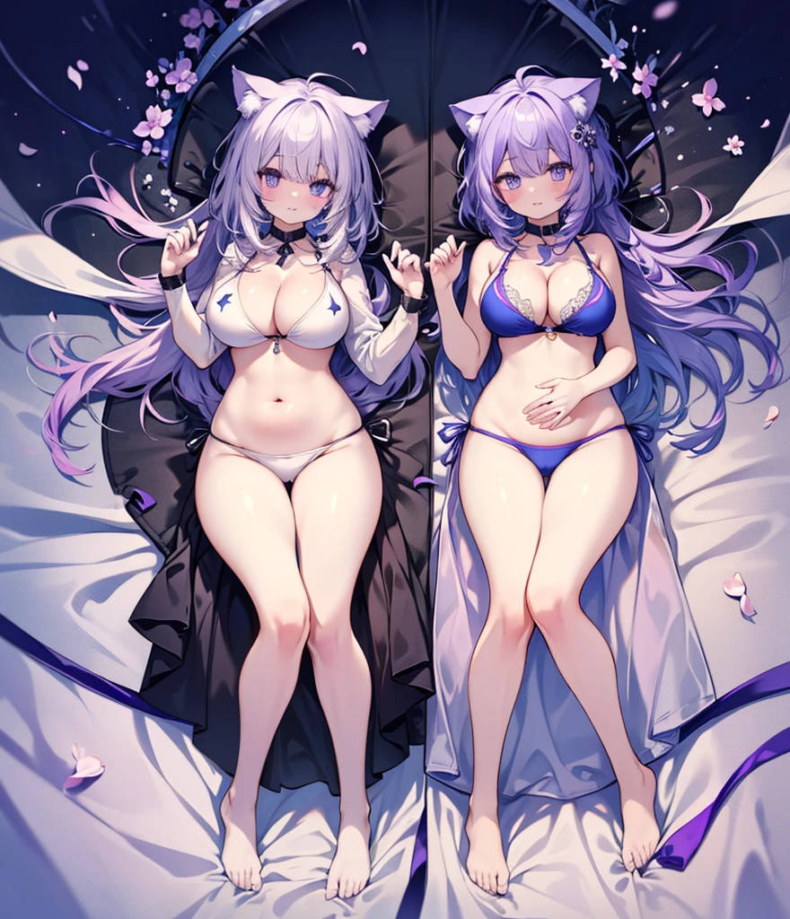 (((Mastepiece)), ((Highest quality)), (Ultra high definition),((sexy)), (Sexy), ((Ultra high definition)), 4K, (8K), Highest quality, Anime Style, Emphasize cleavage、Swimwear、Cat porridge、Purple hair color、Swimwear、Spread your legs、Wide-open legs、Knees point outwards、Showing off big breasts、nude、Big breasts beautiful whole body、Plump thighs、Footjob Gradient, Full Body Focus, Randomly colored beautiful eyes、Rainbow、colorful