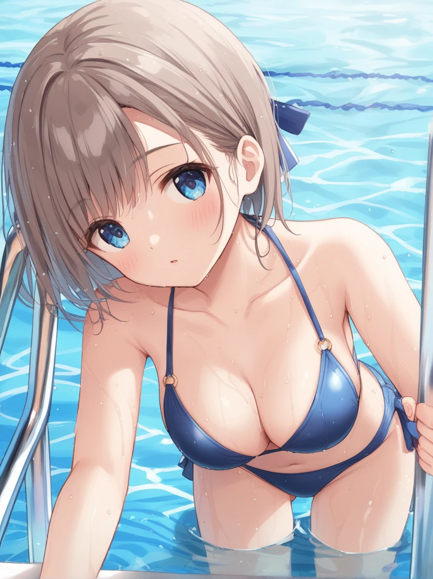 (best quality), ((masterpiece)), (highres), illustration, original, extremely detailed,   yyds, 1girl, solo, watanabe you, breasts, blue eyes, swimsuit, cleavage, bikini, towel, looking at viewer, short hair, medium breasts, blush, blue bikini, wet, poolside, pool, bow, sparkle, wet hair, brown hair, water, blue bow, bikini skirt, collarbone, holding, grey hair, bangs