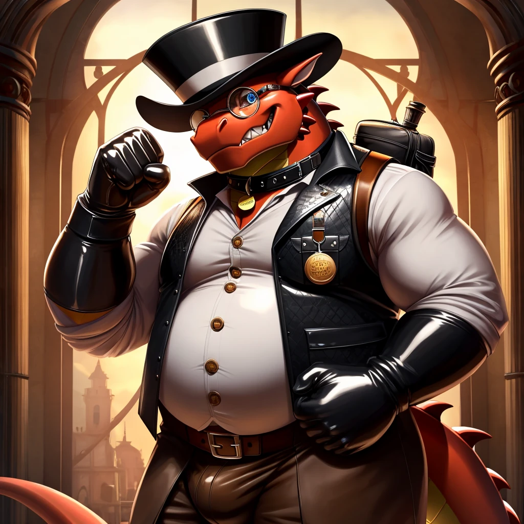 Solo, Male, fat, extremely obese, gentleman, dapper Professor Dragon, blue eyes, (posing:1.3), (soft shading), 4k, hi res, ((detailed face, detailed)), looking at viewer, evil grin, steampunk, collared shirt with buttons, top hat, male focus, Explorer Outfit, glasses, monocle, bag, vest with buttons, backpack, sleeves rolled up, round eyewear, brown headwear, brown vest, Dragon is wearing a glossy leather dog collar around the neck, Dragon is wearing the leather collar and shirt and vest at the same time, Dragon is wearing glossy white rubber gloves on the hands, wearing white rubber gloves on the feet, gloves are rubber in texture, clenching teeth, clenching fists, leather collar is glossy and shiny with a lot of detail, Dragon is wearing gloves and leather collar at the same time, leather collar has a round dog-tag, leather collar is thick and detailed.