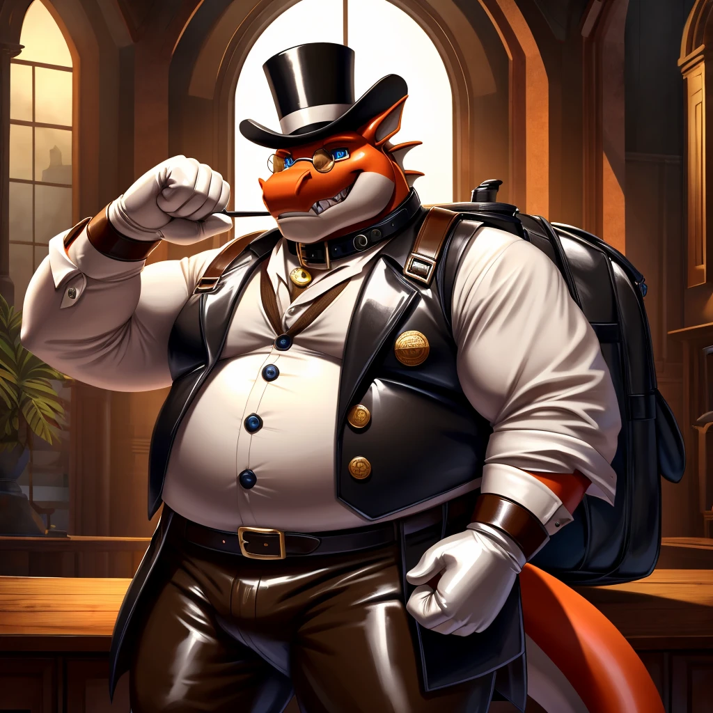 Solo, Male, fat, extremely obese, gentleman, dapper Professor Dragon, blue eyes, (posing:1.3), (soft shading), 4k, hi res, ((detailed face, detailed)), looking at viewer, evil grin, steampunk, collared shirt with buttons, top hat, male focus, Explorer Outfit, glasses, monocle, bag, vest with buttons, backpack, sleeves rolled up, round eyewear, brown headwear, brown vest, Dragon is wearing a glossy leather dog collar around the neck, Dragon is wearing the leather collar and shirt and vest at the same time, Dragon is wearing glossy white rubber gloves on the hands, wearing white rubber gloves on the feet, gloves are rubber in texture, clenching teeth, clenching fists, leather collar is glossy and shiny with a lot of detail, Dragon is wearing gloves and leather collar at the same time, leather collar has a round dog-tag, leather collar is thick and detailed.