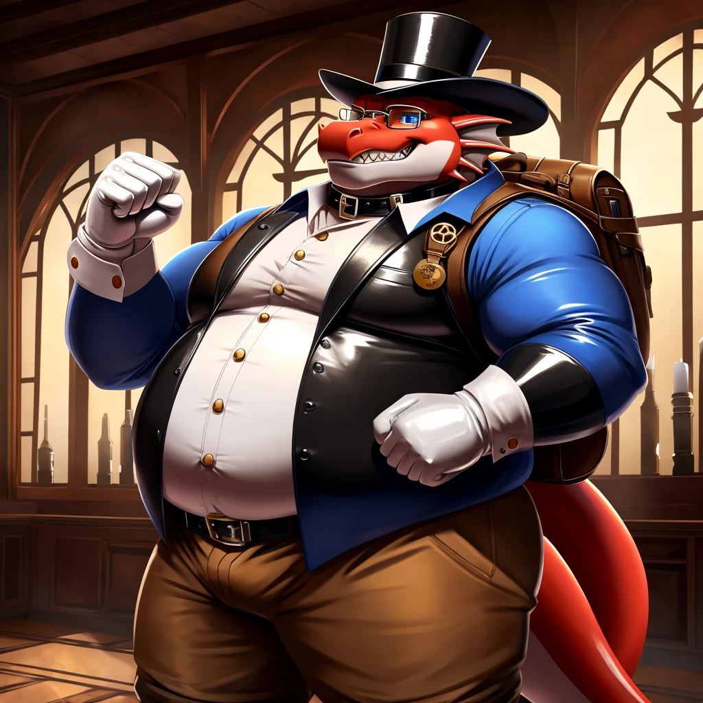 Solo, Male, fat, extremely obese, gentleman, dapper Professor Dragon, blue eyes, (posing:1.3), (soft shading), 4k, hi res, ((detailed face, detailed)), looking at viewer, evil grin, steampunk, collared shirt with buttons, top hat, male focus, Explorer Outfit, glasses, monocle, bag, vest with buttons, backpack, sleeves rolled up, round eyewear, brown headwear, brown vest, Dragon is wearing a glossy leather dog collar around the neck, Dragon is wearing the leather collar and shirt and vest at the same time, Dragon is wearing glossy white rubber gloves on the hands, wearing white rubber gloves on the feet, gloves are rubber in texture, clenching teeth, clenching fists, leather collar is glossy and shiny with a lot of detail, Dragon is wearing gloves and leather collar at the same time, leather collar has a round dog-tag, leather collar is thick and detailed.