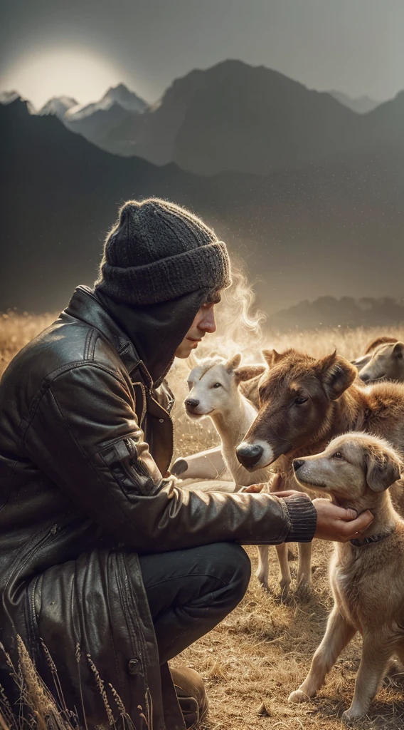 A person being benevolent towards animals. Photorealism, full view, highly detailed image, very realistic, hyperrealism, Ultra HD, 8k, 5, sharp focus, intricate and mysterious masterpiece. (Long exposure photography Artistic illustration close-up portrait very detailed: final quality, medium shot, backlight, Rich and striking. Enigmatic and mysterious manipulations (composition of the rule of thirds), ((detailed environment with strong lines) The best quality, in camera, white light, warm and clean aesthetics, dazzling screen composed of millions of brilliant ultraviolet rays, HDR.