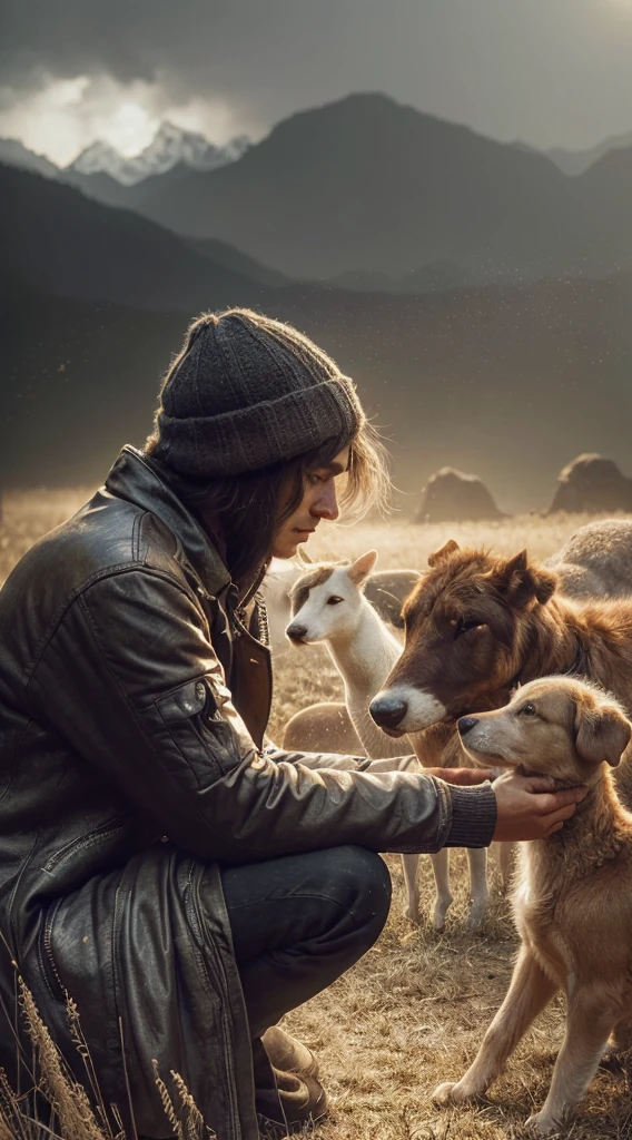 A person being benevolent towards animals. Photorealism, full view, highly detailed image, very realistic, hyperrealism, Ultra HD, 8k, 5, sharp focus, intricate and mysterious masterpiece. (Long exposure photography Artistic illustration close-up portrait very detailed: final quality, medium shot, backlight, Rich and striking. Enigmatic and mysterious manipulations (composition of the rule of thirds), ((detailed environment with strong lines) The best quality, in camera, white light, warm and clean aesthetics, dazzling screen composed of millions of brilliant ultraviolet rays, HDR.