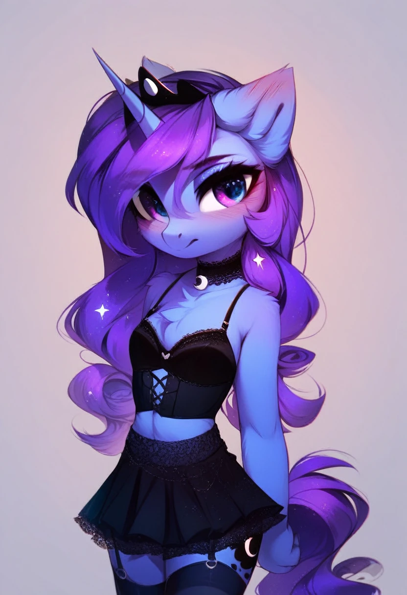 check_9, check_8_up, check_7_up, source_fluffy, rating_safe, from Magnaluna, Luna poses seductively in a gothic bedroom, antro, blushing, blue body, purple mane, black lingerie skirt