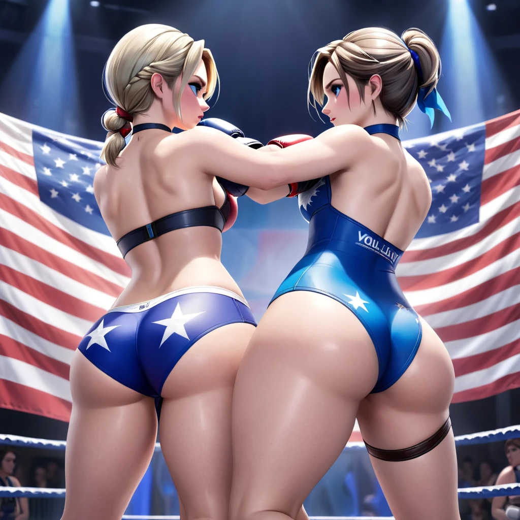 Elsa and Jill Valentine have a faceoff, topless, American flag printed panties and boxing gloves, big , big butt, thick thighs, view from behind