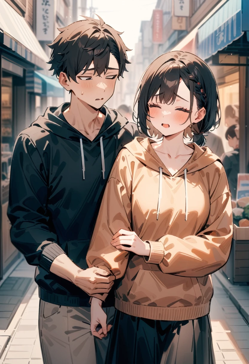 masterpiece, best quality, very aesthetic, absurdres, newest, 1girl, asymmetrical bangs, tareme, short hair, skirt, shopping street, brown hair, shirt, 1boy, outdoors, collarbone, jacket, closed eyes, braid, frills, pants, hood, black skirt, black hair, sweatdrop, hoodie, arm hug, holding another's arm