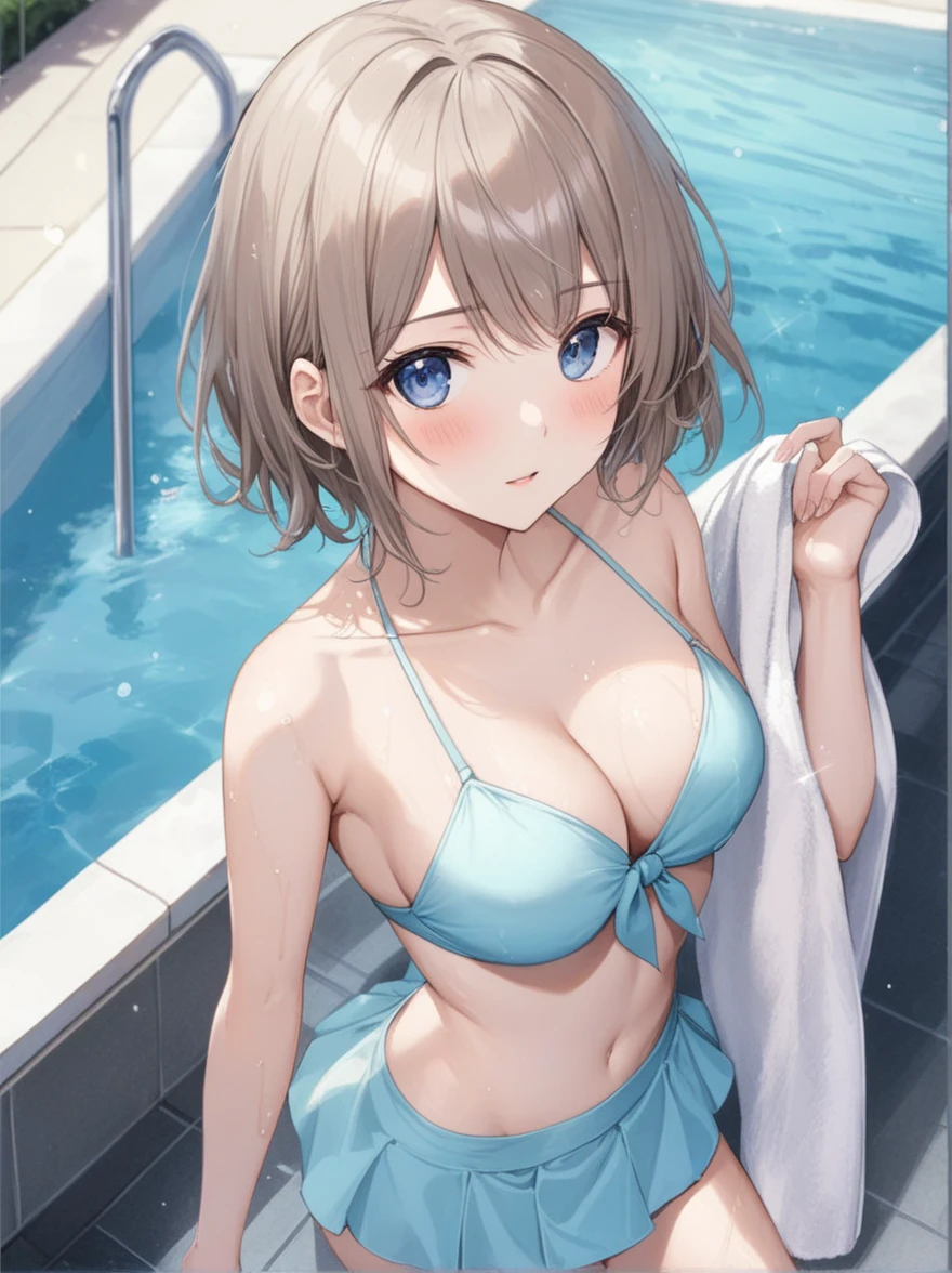 (best quality), ((masterpiece)), (highres), illustration, original, extremely detailed,   yyds, 1girl, solo, watanabe you, breasts, blue eyes, swimsuit, cleavage, bikini, towel, looking at viewer, short hair, medium breasts, blush, blue bikini, wet, poolside, pool, bow, sparkle, wet hair, brown hair, water, blue bow, bikini skirt, collarbone, holding, grey hair, bangs