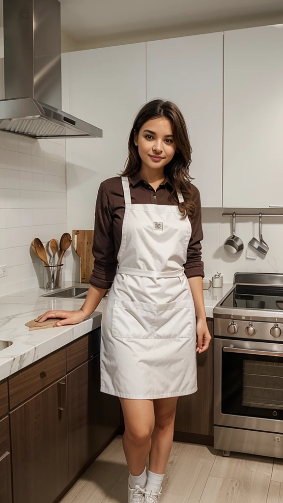 Girl standing in kitchen, wearing white apron, modern brown kitchen set, cooking tools, modern stove, wash basin,