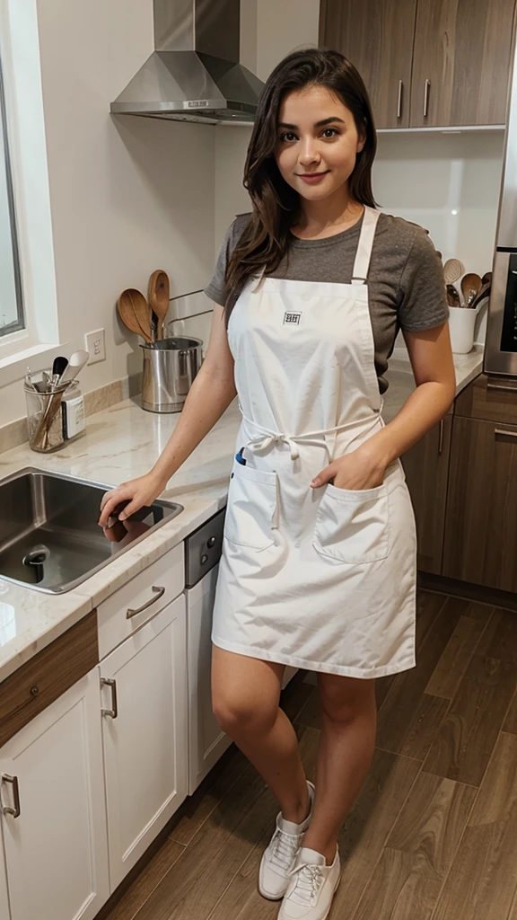 Girl standing in kitchen, wearing white apron, modern brown kitchen set, cooking tools, modern stove, wash basin, 