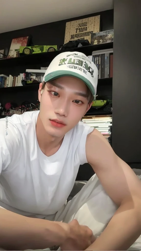 there is a man sitting on a bed wearing a hat, hong june hyung, taejune kim, kim doyoung, hyung tae, jimin\'s right eyelid swollen, jung jaehyun, jimin\'s grecian nose, jinyoung shin, park jimin, hyung tae kim, yanjun chengt, jimin, wan adorable korean face, jaeyeon nam, leaked image
