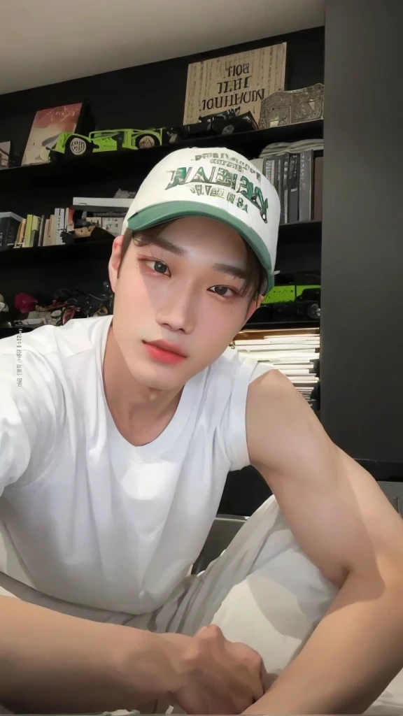 there is a man sitting on a bed wearing a hat, hong june hyung, taejune kim, kim doyoung, hyung tae, jimin\'s right eyelid swollen, jung jaehyun, jimin\'s grecian nose, jinyoung shin, park jimin, hyung tae kim, yanjun chengt, jimin, wan adorable korean face, jaeyeon nam, leaked image