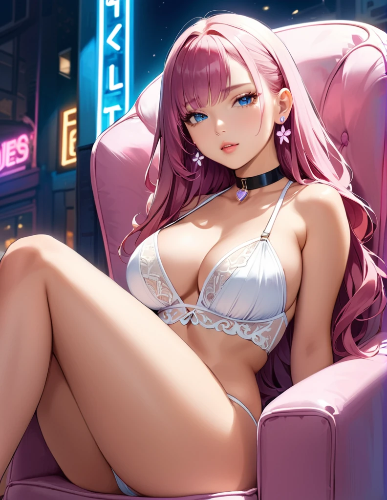 1 girl, tanned_skin, white wavy long hair, large ass, wearing a white transparent lingerie, full lips, pretty long eyelashes, pretty eyebrows, soft looking skin, wearing one black velvet choker around her neck, night, neon light, masterpiece, wearing diamond earrings, sitting on a chair with her legs spread, looking at viewer, ((blue eyes)), (Sakura Haruno hairstyle)