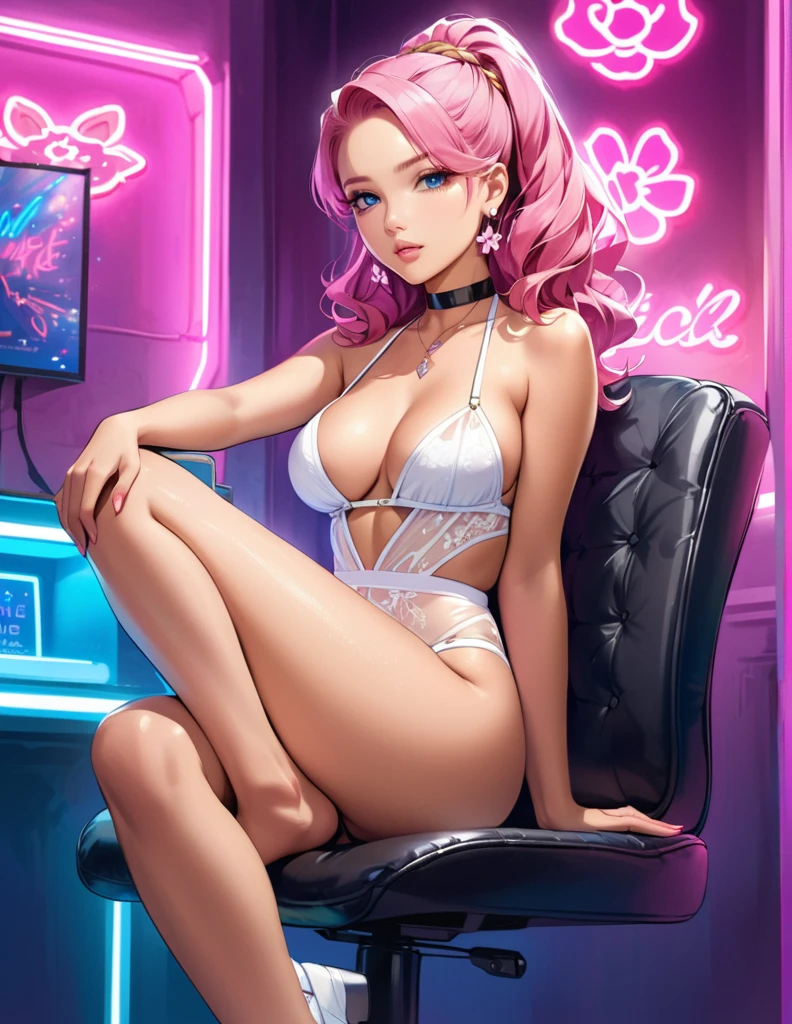1 girl, tanned_skin, white wavy long hair, large ass, wearing a white transparent lingerie, full lips, pretty long eyelashes, pretty eyebrows, soft looking skin, wearing one black velvet choker around her neck, night, neon light, masterpiece, wearing diamond earrings, sitting on a chair with her legs spread, looking at viewer, ((blue eyes)), (Sakura Haruno hairstyle)