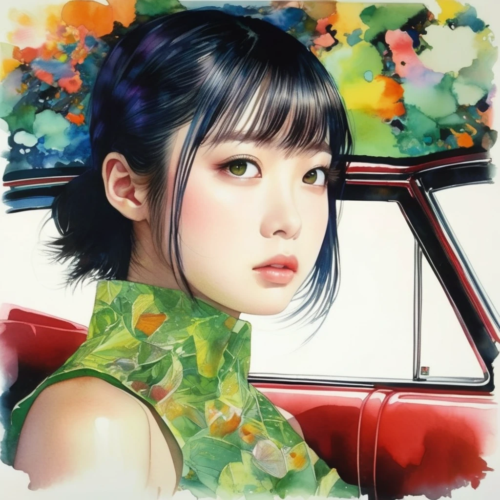 artwork:Katsuhiro Otomo 8km race, High resolution, A complex and intricate masterpiece, (Summer vacation:1.2), (Girl in an open car:1.1)、Cadillac、Beautiful Face、transparent, Glowing black eyes, Cadillacと茶色の目玉, Medium Shot, Green Hair, Organic Shapes, Hard Edge, Anatomically correct body,  Ultra-realistic, elegant,Cinema Lighting, Very detailed, Vibrant colors, Octane Rendered Girl、 Unreal atmosphere, Award-winning works, Bright and rich colors, iridescent accents, Dramatic Shadows,Dynamic and atmospheric lighting, Anamorphic Lens, Sharp focus, 
An intricate and detailed masterpiece by Katsuhiro Otomo, Katsuhiro Otomo STYLE, Pop Surrealism, watercolor , Kanna Hashimoto