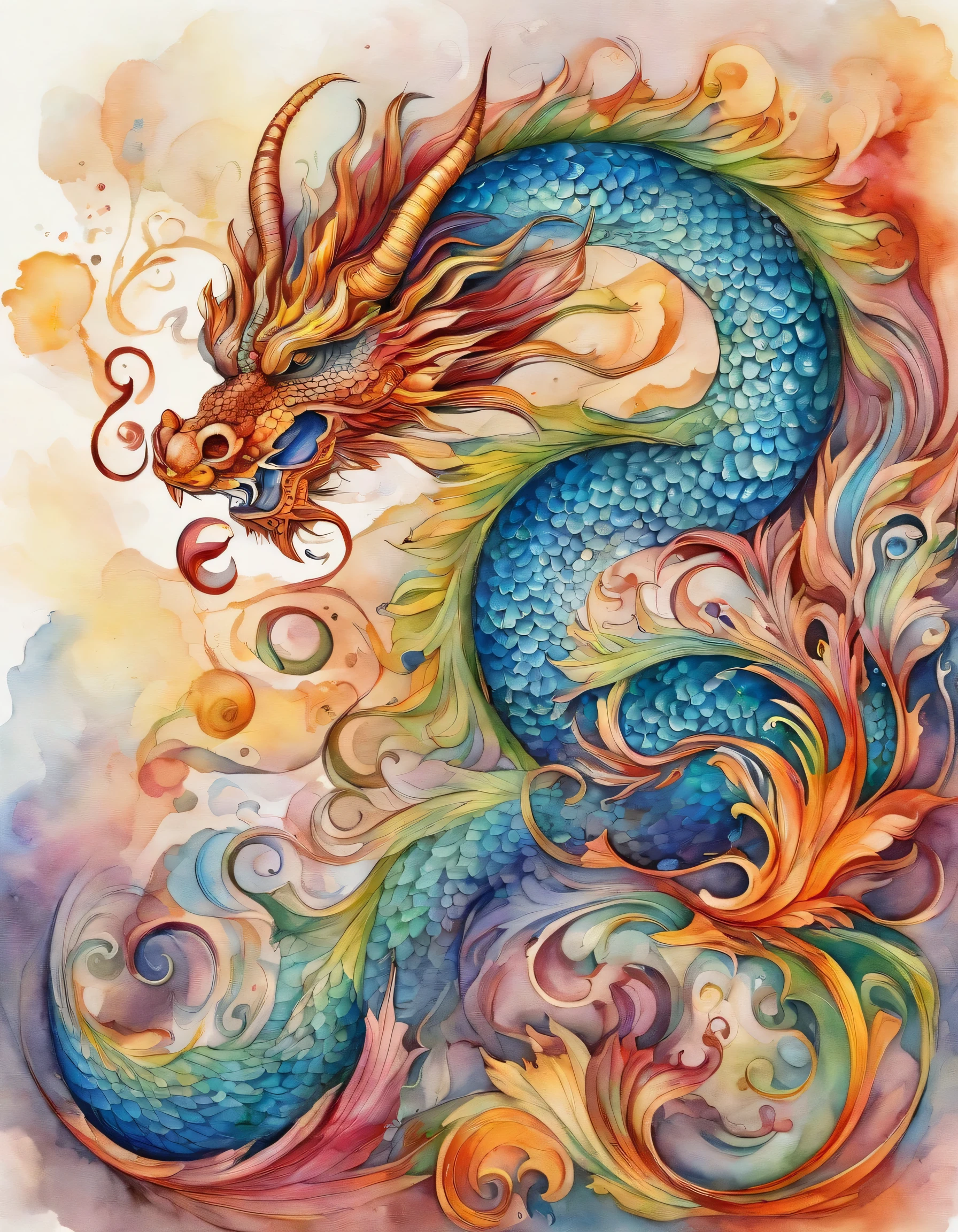 people々Beautiful and gorgeous dragon that brings good luck to、Bright rainbow dragon man々A design that makes you happy when you see it、Economic fortune、Lucky CharmsIn the world of watercolor，
rainbow Dragon
White background
The dragon's graceful posture shows its brilliance and cots body is curved and fluid，Every line drawn exudes vitality，Abstract faucet，Artistic dragon body lines，The soft texture of watercolor，The rendering of color makes the whole picture full of movement，（（s fractal art）），（（tmasterpiece，best qualtiy，extremely detaile，Ultra-high resolution，detailedbackground）），（（（abstract backgrounds））），（（a color）），blossoms，Every drop of ink blends with the pigment，It's all the collision and release of the artist's soul。