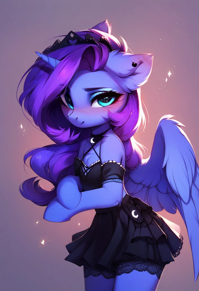check_9, check_8_up, check_7_up, source_fluffy, rating_safe, from Magnaluna, Luna poses seductively in a gothic bedroom, antro, blushing, blue body, purple mane, black lingerie skirt