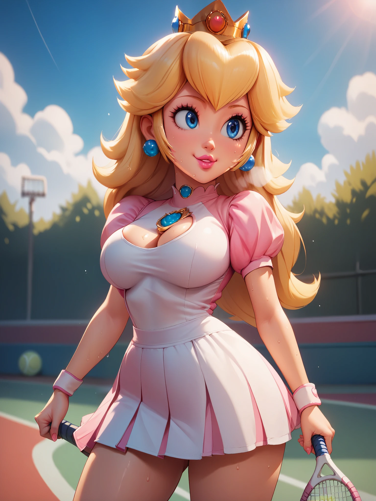 score_9, score_8_up, score_7_up, score_6_up, score_5_up, score_4_up, (princess peach), (front view), (oily skin), (long blonde hair), very large breasts, (white sportive shirt), ((deep cleavage)), (white tennis skirt), (cute white panties), sexy curves, big head, (solo), playing tennis, holding tennis racket, hitting tennis ball, pink lips, (blue eyes), looking to the side, concentrated expression, kissing expression, smiling, cute expression, sweating, heavy breathing (tennis ground background)