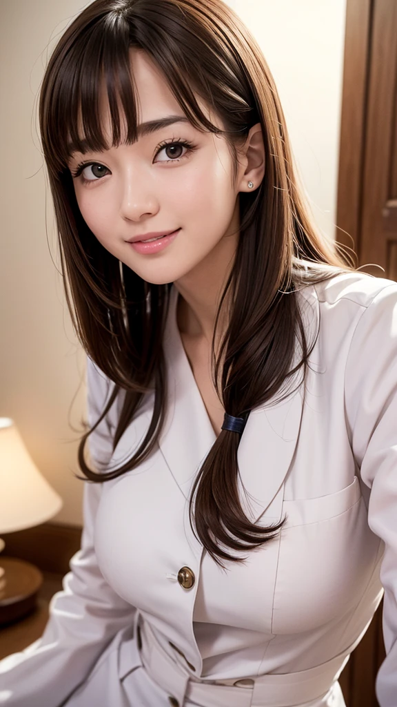 Best quality, masterpiece, ultra-high resolution, 8K, (reality: 1.4), RAW shooting, most detailed face, very detailed and perfect anatomy, live photography; most beautiful face; shining skin; one 18-year-old Japanese.My bangs and eyes are big and cute.It has brown eyes, gentle eyes, long brown hair, a young face, and a large chest.E-cup.
a nurse, a nurse's white coat.nurse's uniform.a smiling face.