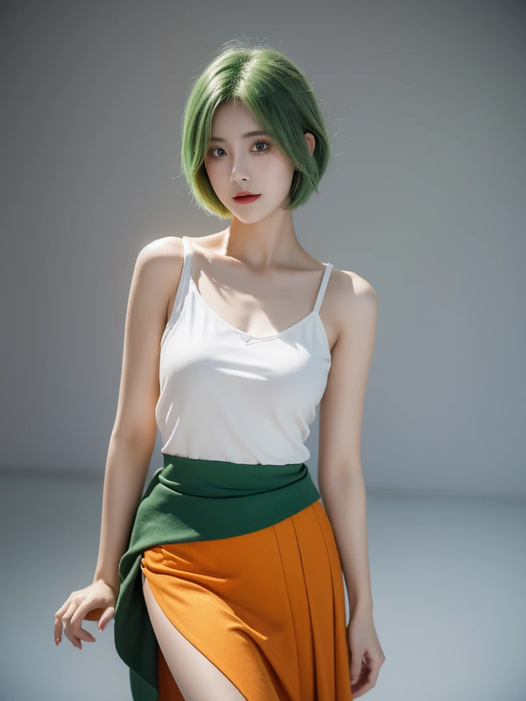 21-year-old girl, Green Hair, Orange skirt,White top，short hair，personality，Gray background