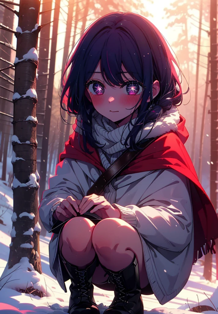 aihoshino, Ai Hoshino, Long Hair, bangs, (Purple eyes:1.1), Purple Hair, (Symbol-shaped pupil:1.5), smile,,smile,blush,White Breath,
Open your mouth,snow,Ground bonfire, Outdoor, boots, snowing, From the side, wood, suitcase, Cape, Blurred, , forest, White handbag, nature, Squat, Mouth closed, Cape, winter, Written boundary depth, Black shoes, red Cape break looking at viewer, Upper Body, whole body, break Outdoor, forest, nature, break (masterpiece:1.2), Highest quality, High resolution, unity 8k wallpaper, (shape:0.8), (Beautiful and beautiful eyes:1.6), Highly detailed face, Perfect lighting, Extremely detailed CG, (Perfect hands, Perfect Anatomy),