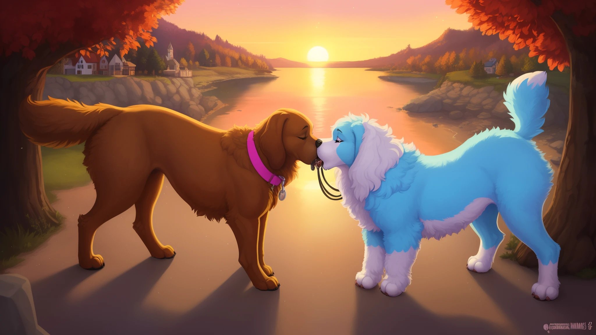 🐕🦺x🐕x🐩x🐶, (absurd res), ((ultra high resolution)), (((masterpiece quality))), ((isometric view)), ((breathtaking painstakingly detailed background)), ((impressive lighting)), ((sunset cloudloating hearts)), ((sparkles)), confetti, sunlight, ⫷|⫸ by foxovh, by sligarthetiger, by cumbread, by gammainks, by seibear, by lollipopcon, by xpray, by roly, ⫷|⫸ pink collar, flamboyant dog leash, girly accessories, ⫷|⫸ (fuzzy furry body:1.6), ((fur pattern)), ((exotic mammal)), (wagging raised tail), ⫷|⫸ (FERAL:1.5), canid, canine, feral, mammal, (sighthound), (domestic dog), (pastoral dog), (setter), (spaniel), (terrier), (mastiff), (dachshund), (scent hound), (saluki), (golden retriever), ((2 dogs)), ((a deep juicy kiss)), (((kissing))), embrace, female/female, kiss on lips, saliva, drooling, slobber, vomiting, saliva string, raised tail, butt shot, anus, side view, standing, ((surrounded by dogs)), (feminine body formation), (2 female mommy dogs:1.4), (correct anatomy:1.6), (correct feral anatomy;1.6), ((multi nipple)), (big fluffy butt), facing each other, side view, body against body, (((lesbian ferals kissing))), ((canine pussy)), on all fours, dirty anus, breastfeeding, (sexy eyelashes),