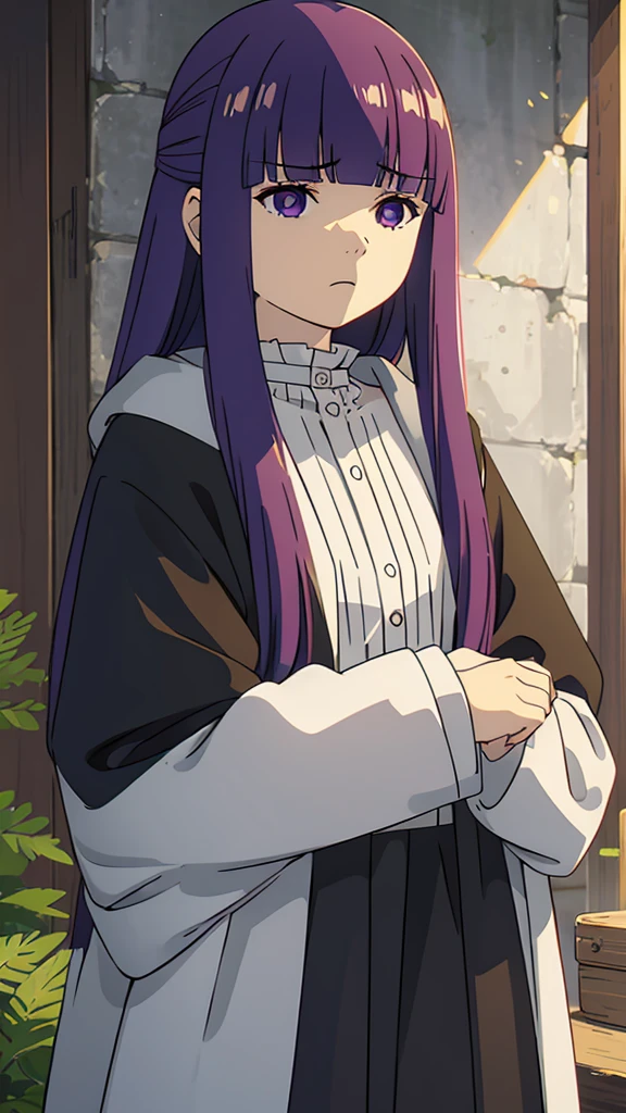 1girl,fern,fern_clothes,glare,upper_body,(looking at viewer:1.1),half-closed eyes,shaded face,angry,closed_mouth,outdoors,despise,