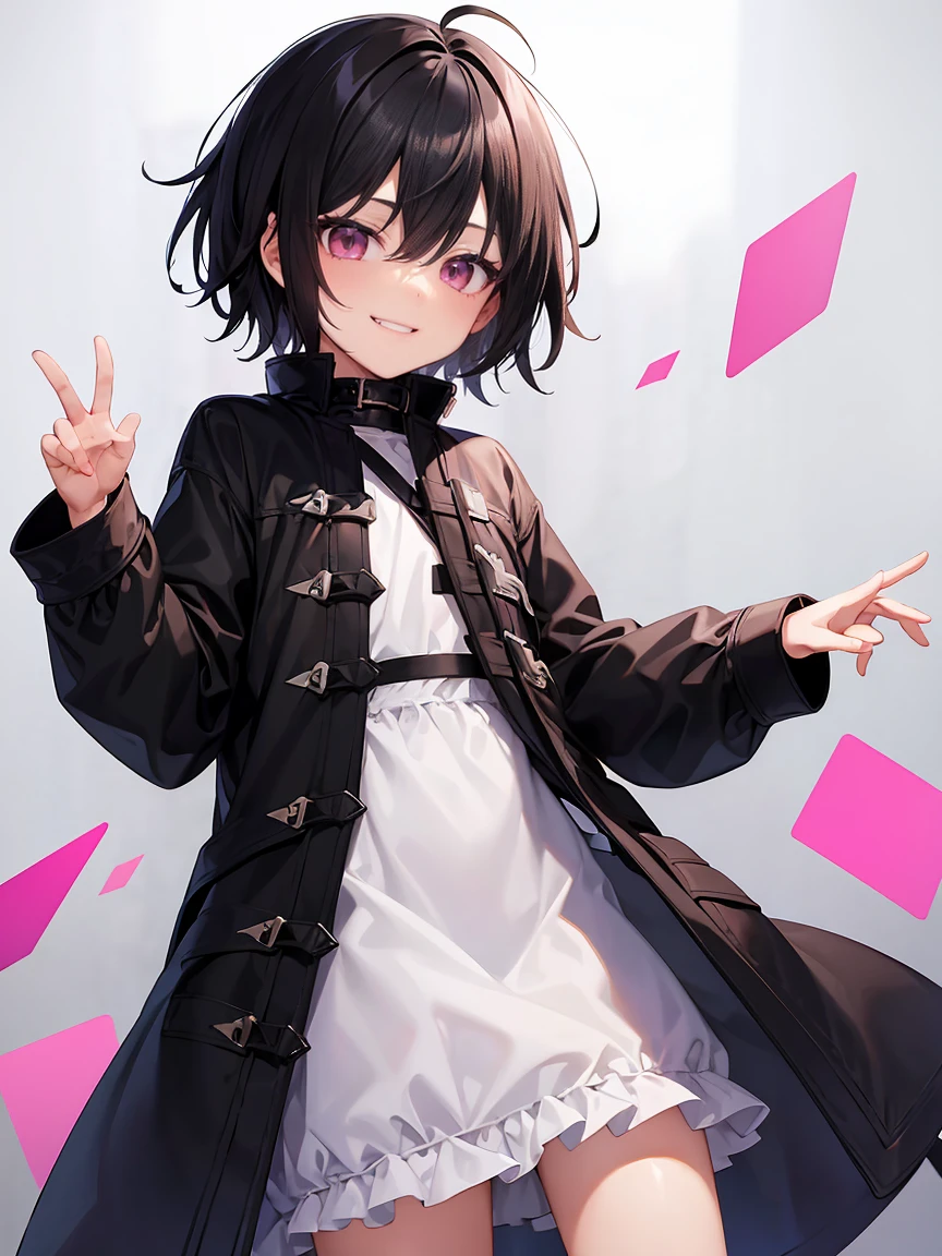 Short black hair、Pink eyes、Shota、male:1.5、solo、jet black duffle coat、Black clothing、Wicked Smile、Black trousers