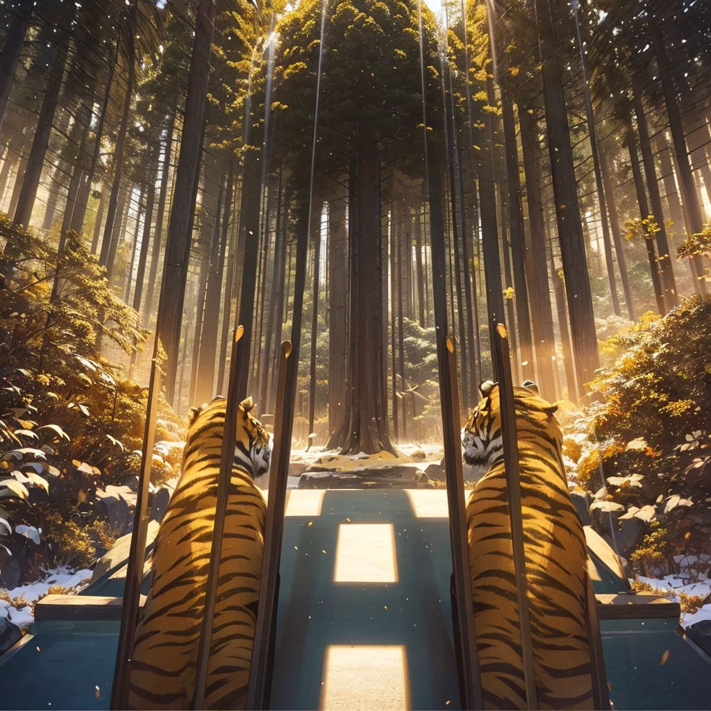 REALISTIC，Various angles of tiger roaring，After unlimited exposure，Overlapping tiger heads form multiple translucent afterimages，Positive view，Secret Forest Land