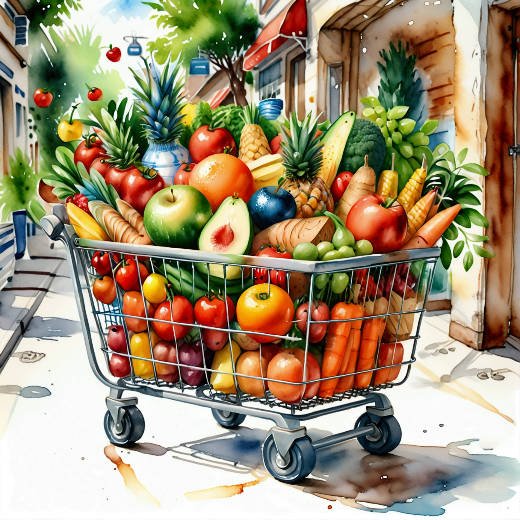 shopping trolley with a lot healthy food, illustration, isolated with solid white background, surrounded with negative space, centered composition, 8k, highest detailed painting, very precise painting, Isolated, clear solid white background, perspective angle of view, cartoon style, ((watercolor:1)), clip art, (lora:add-detail-xl:1)