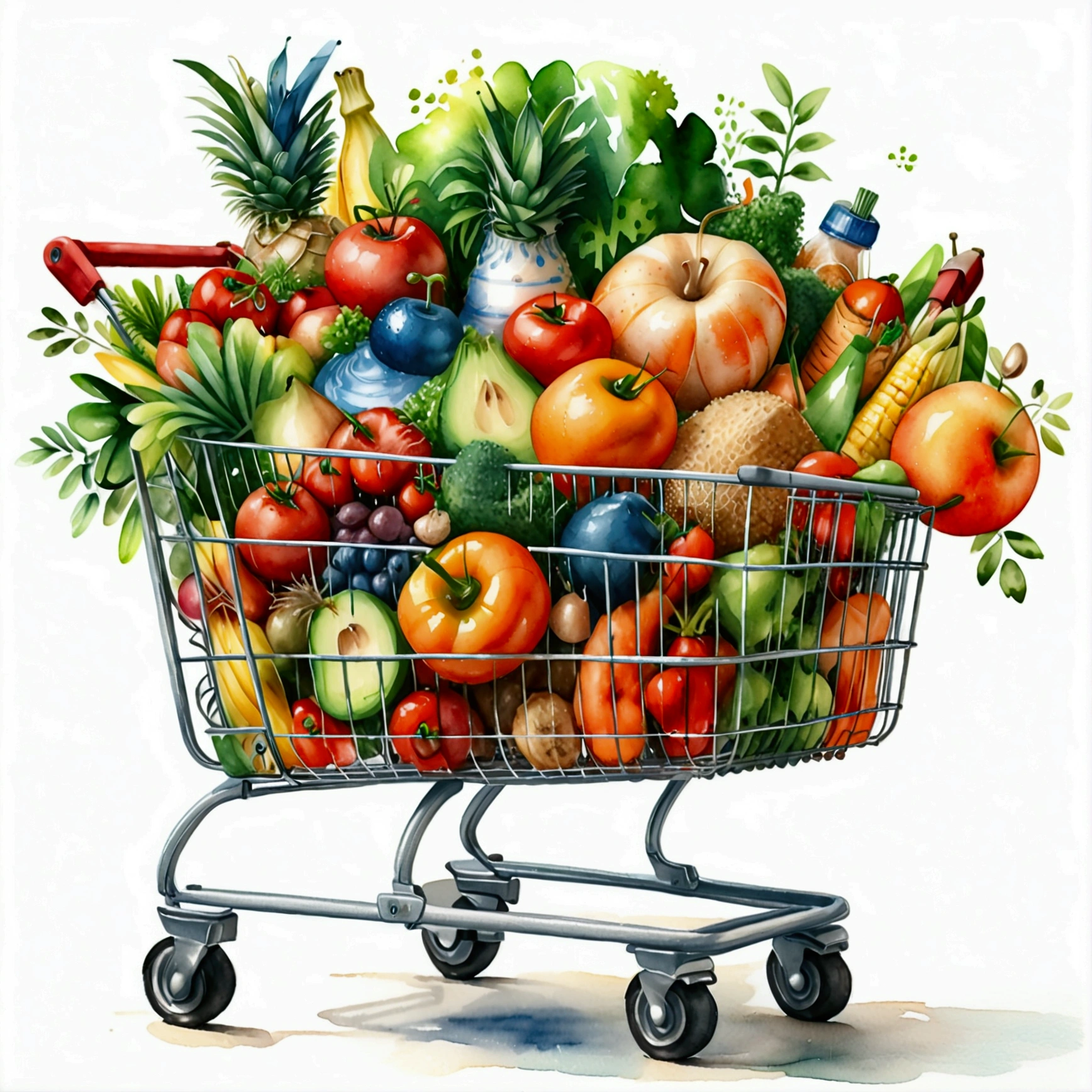 shopping trolley with a lot healthy food, illustration, isolated with solid white background, surrounded with negative space, centered composition, 8k, highest detailed painting, very precise painting, Isolated, clear solid white background, perspective angle of view, cartoon style, ((watercolor:1)), clip art, (lora:add-detail-xl:1)