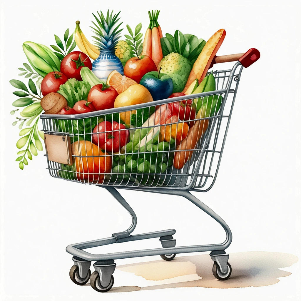shopping trolley with a lot healthy food, illustration, isolated with solid white background, surrounded with negative space, centered composition, 8k, highest detailed painting, very precise painting, Isolated, clear solid white background, perspective angle of view, cartoon style, ((watercolor:1)), clip art, (lora:add-detail-xl:1)